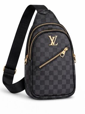 LV Black Checkered Sling Bag with Gold Hardware